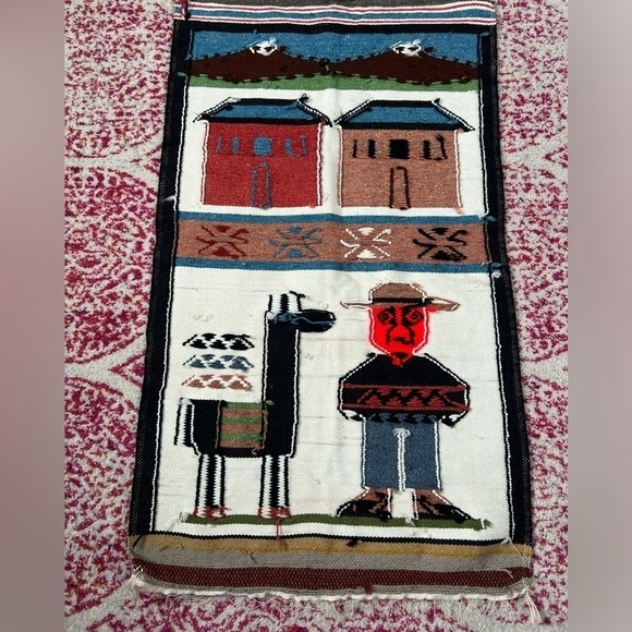Vintage Peruvian Weave Hook Rug Tapestry South American Alpaca Andes Farmer - Picture 5 of 5